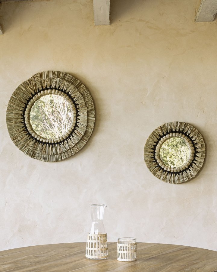 KAVE HOME Akila veggspeil, rundt - speilglass, beige naturfibre og svart bomullssnor (60)