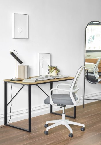 KAVE HOME Melva skrivebordsstol, justerbar, med armlener, hjul og svingfunksjon - grtt stoff/hvit plast