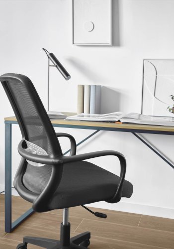 KAVE HOME Melva skrivebordsstol, justerbar, med armlener, hjul og svingfunksjon - svart stoff og plast