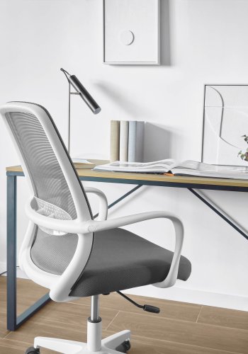 KAVE HOME Melva skrivebordsstol, justerbar, med armlener, hjul og svingfunksjon - grtt stoff/hvit plast