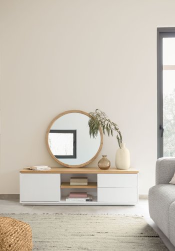 KAVE HOME Abilen TV-stativ i eikefiner med 1 dr og 2 skuffer i hvit lakk, 150 x 44 cm FSC 