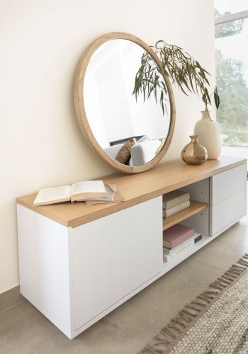 KAVE HOME Abilen TV-stativ i eikefiner med 1 dr og 2 skuffer i hvit lakk, 150 x 44 cm FSC 