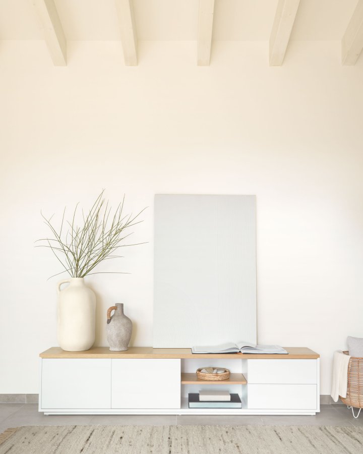 KAVE HOME Abilen TV-bord, m. 2 drer, 2 skuffer og 3 hyller - hvit MDF og naturlig eikefiner (200x36)