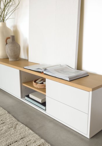 KAVE HOME Abilen TV-bord, m. 2 drer, 2 skuffer og 3 hyller - hvit MDF og naturlig eikefiner (200x36)