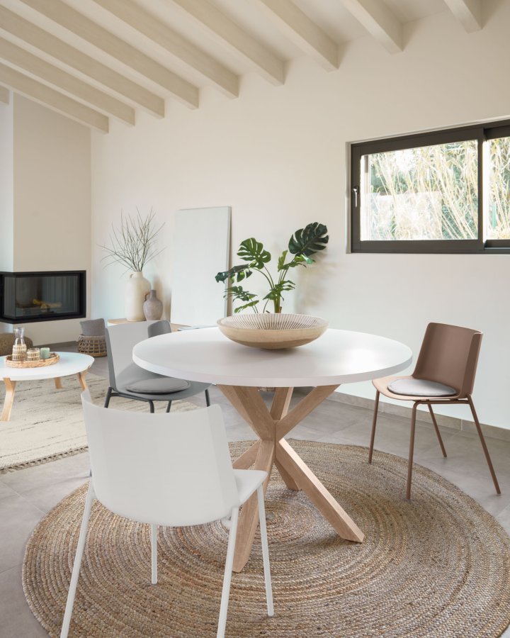 KAVE HOME Full Argo spisebord, rundt - hvit melamin og naturstl med treeffekt (120)