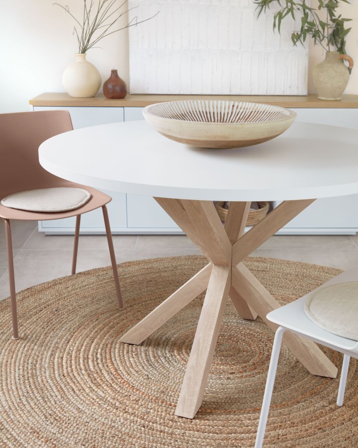 KAVE HOME Full Argo spisebord, rundt - hvit melamin og naturstl med treeffekt (120)