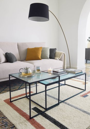 KAVE HOME Akemi Soffbord, Fyrkantigt - Svart Stl och Klart / Strukturerat Glas (Set om 2)