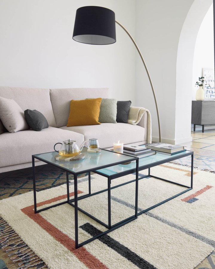 KAVE HOME Akemi Soffbord, Fyrkantigt - Svart Stl och Klart / Strukturerat Glas (Set om 2)