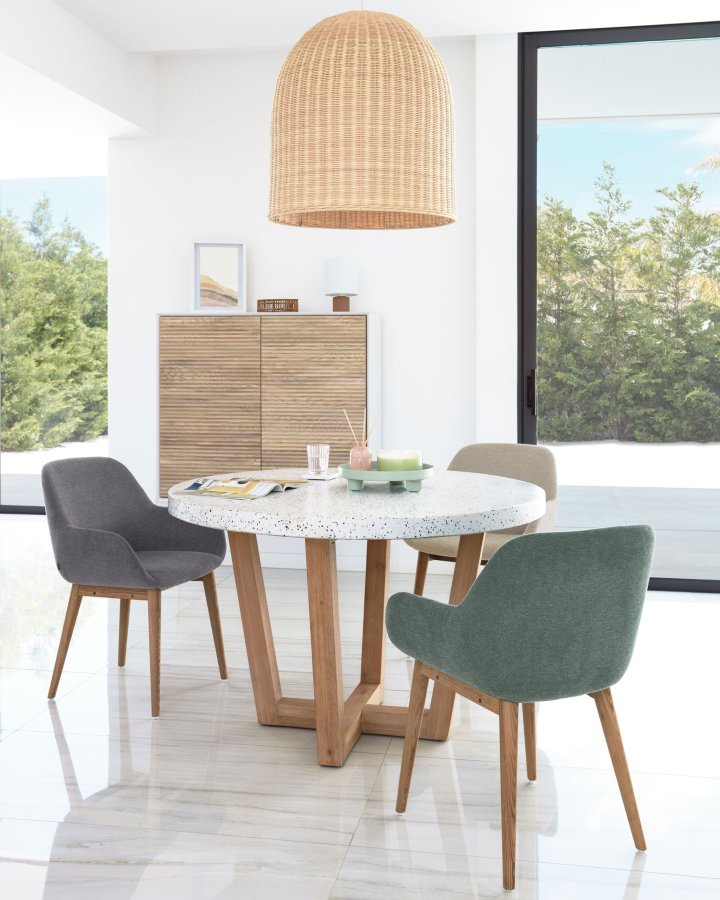 KAVE HOME Shanelle spisebord, rundt - hvit terrazzo og massivt akasietre ( 120)