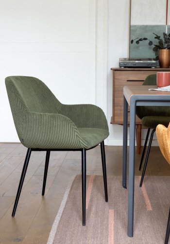 KAVE HOME Konna spisebordstol, med armlener - mrkegrnn kordflyel og sort stl