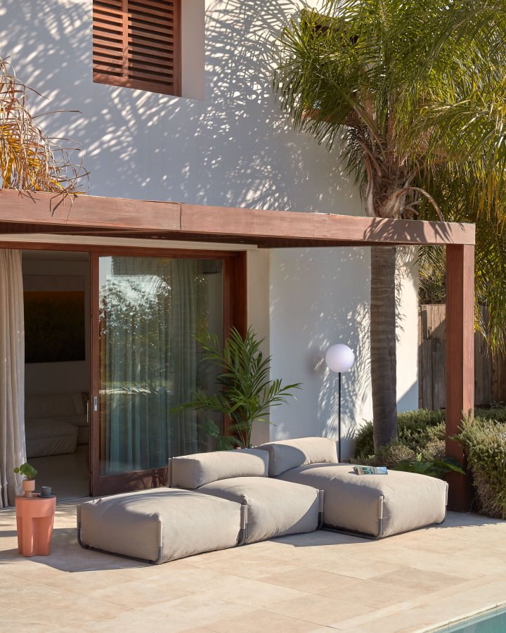 KAVE HOME Firkantet puffmodul for hagesofa - grnt stoff og svart aluminium (101x101)