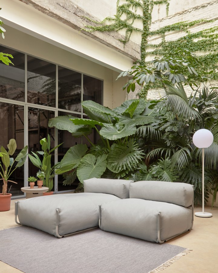 KAVE HOME Firkantet modul for hagesofa, med ryggsttte - lysegr stoff og hvit aluminium (101x101) 