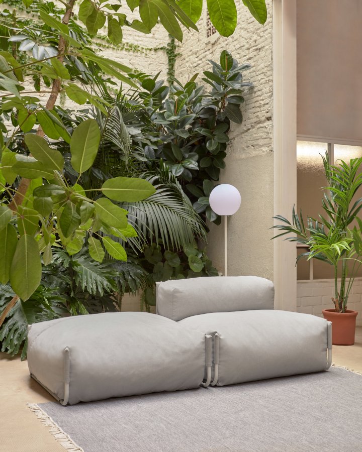 KAVE HOME Firkantet modul for hagesofa, med ryggsttte - lysegr stoff og hvit aluminium (101x101) 