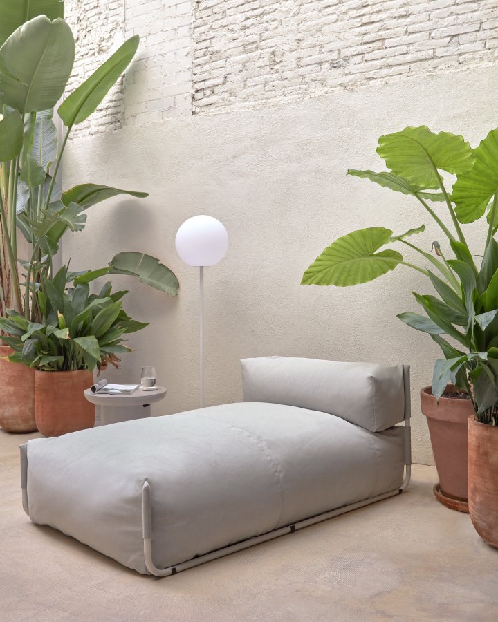 KAVE HOME Firkantet sjeselongmodul for hagesofa, m. ryggsttte - lysegrt stoff og hvit aluminium (165x101) 