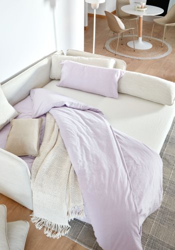 KAVE HOME Tanit sovesofa - beige stoff og naturlig bketre