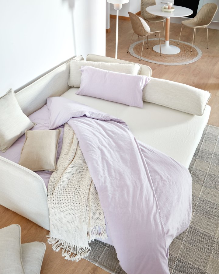 KAVE HOME Tanit sovesofa - beige stoff og naturlig bketre