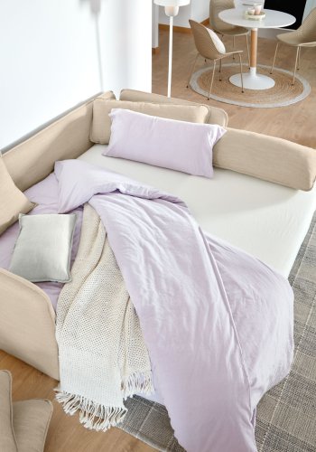 KAVE HOME Tanit sovesofa - beige stoff og naturlig bk