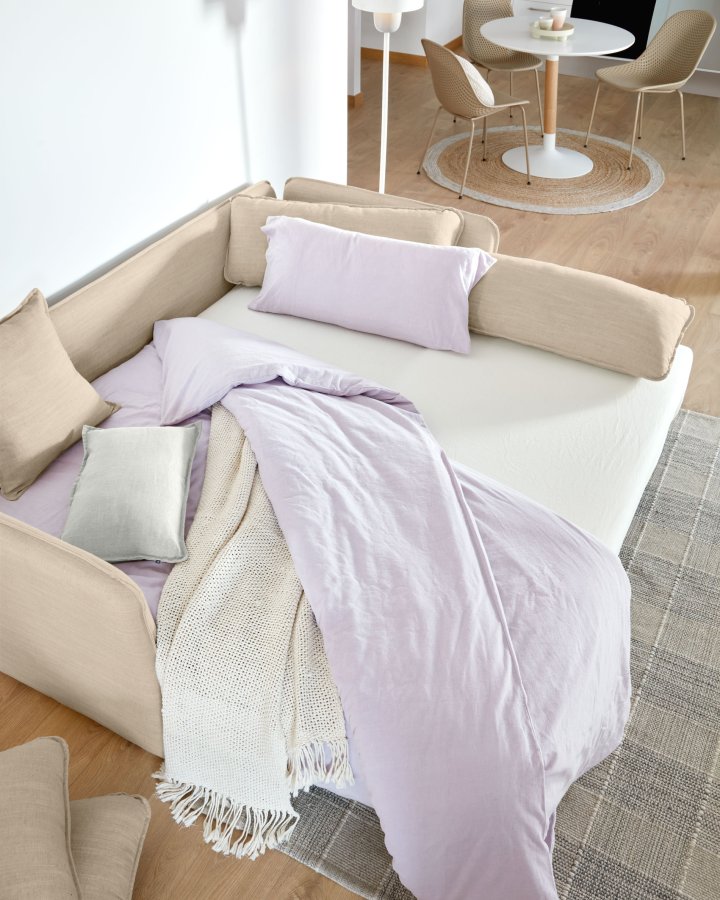 KAVE HOME Tanit sovesofa - beige stoff og naturlig bk