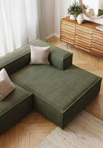 KAVE HOME Blok 2-manns sofa, med hyre sjeselong - grnn kordflyel (240 cm)