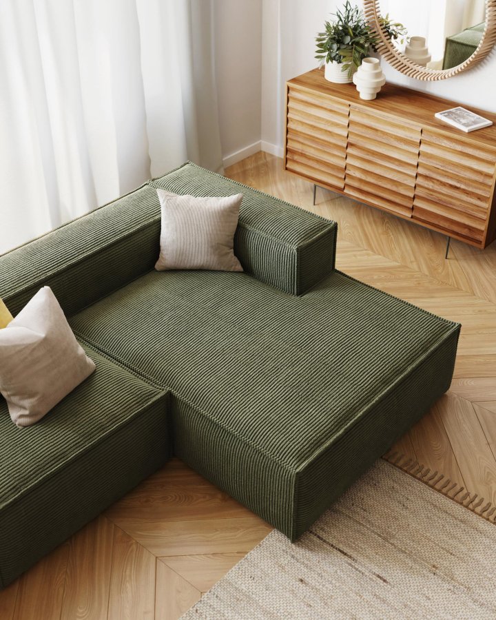 KAVE HOME Blok 2-manns sofa, med hyre sjeselong - grnn kordflyel (240 cm)