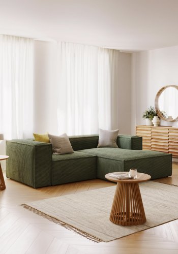 KAVE HOME Blok 2-manns sofa, med hyre sjeselong - grnn kordflyel (240 cm)