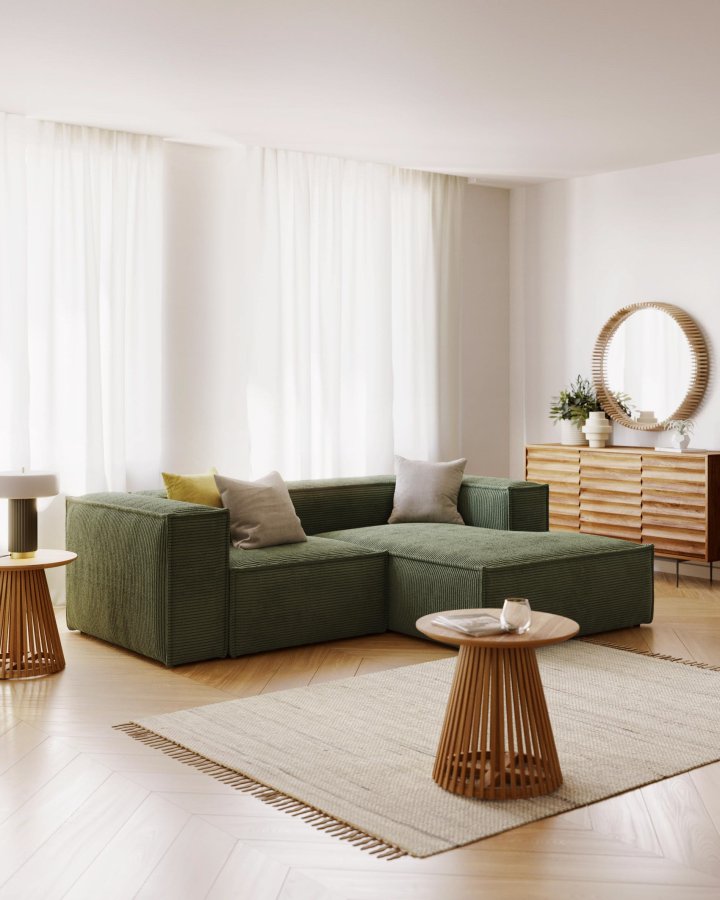 KAVE HOME Blok 2-manns sofa, med hyre sjeselong - grnn kordflyel (240 cm)