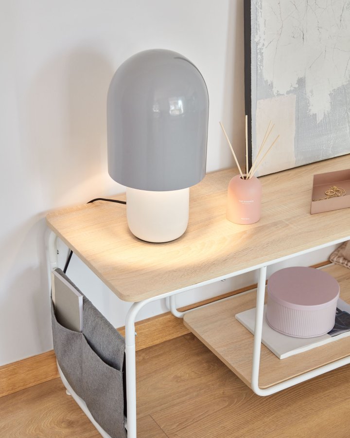 KAVE HOME Yamina TV-bord, med hylle og gr stofflommer - naturlig melamin og hvitt stl (110x40)