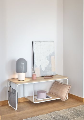 KAVE HOME Yamina TV-bord, med hylle og gr stofflommer - naturlig melamin og hvitt stl (110x40)