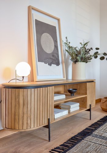 KAVE HOME Licia TV-bord, m. 2 drer og 2 pne rom - naturlig mangotre og svart metall (160x43) 