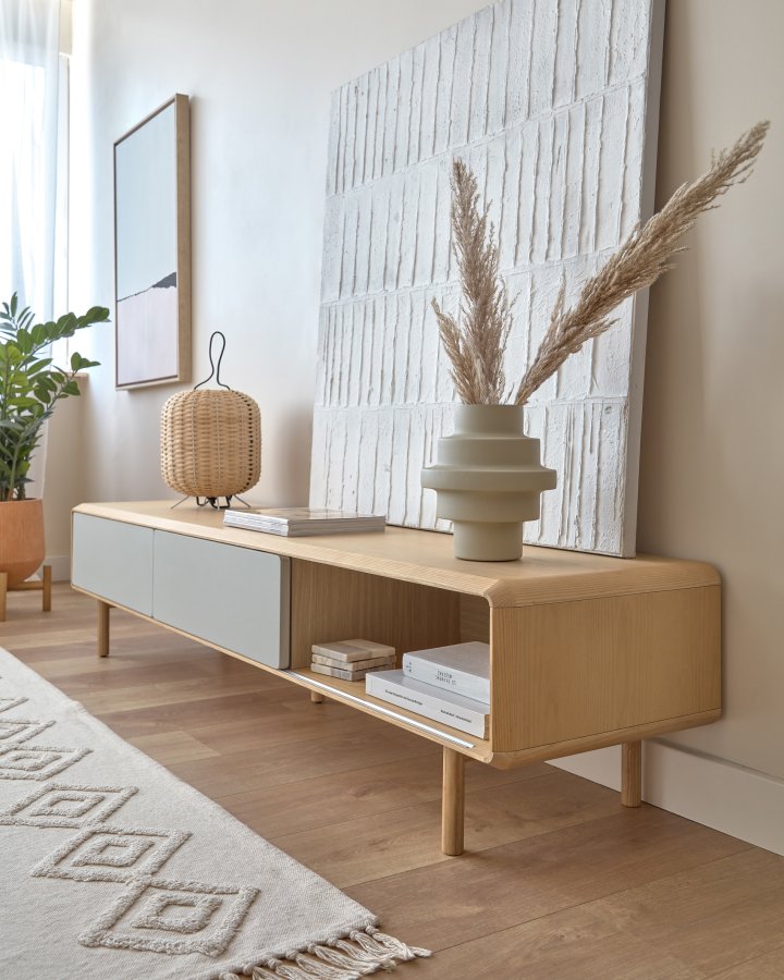 KAVE HOME Anielle TV-bord, m. 2 skyvedrer - gr/naturlig ask finer/asketre (180x41)