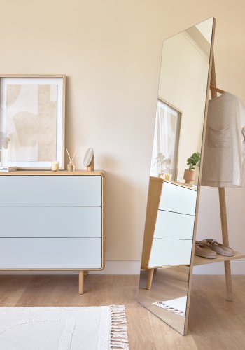 KAVE HOME Keisy gulvspeil, med opphengsstang og hylle - speilglass og naturlig tre (45x160)