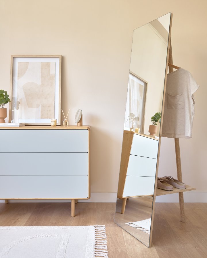 KAVE HOME Keisy gulvspeil, med opphengsstang og hylle - speilglass og naturlig tre (45x160)