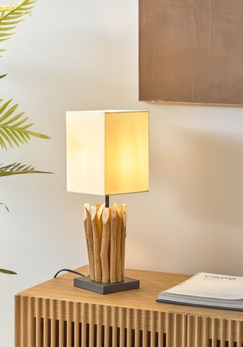 KAVE HOME Poob bordlampe - tropisk gjenvunnet tre og hvit stoffskjerm (15x15)