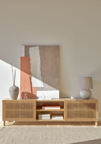 KAVE HOME Beyla TV-bord, m. 2 drer og 3 hyller - naturlig eikefiner og eiketre (180x49,5)