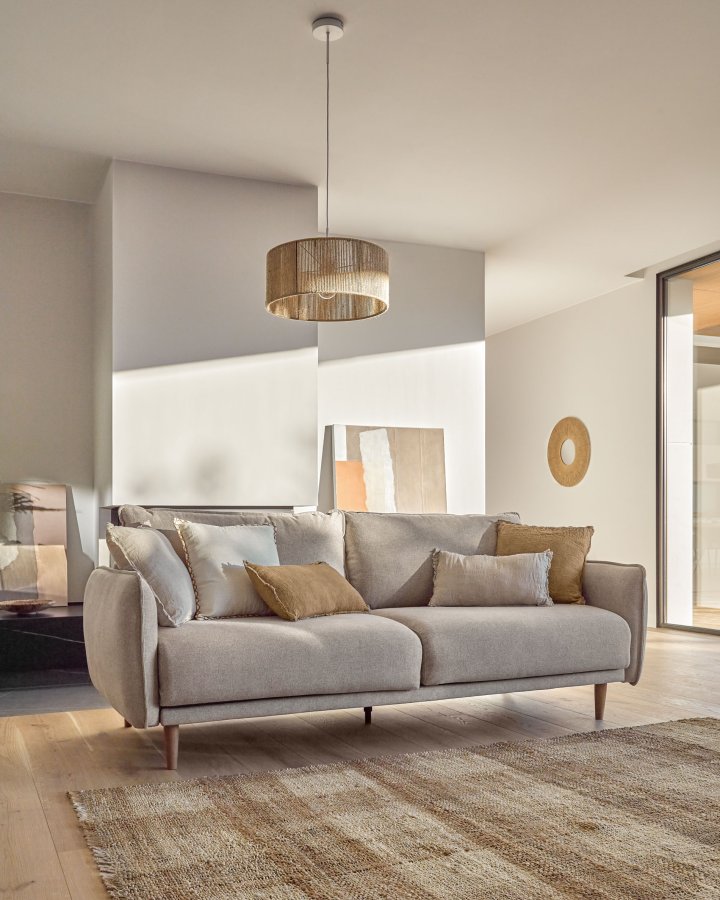 KAVE HOME Carlota 3-seters sofa - beige chenillestoff og naturlig furu