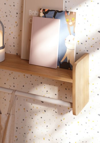 KAVE HOME Florentina vegghylle for barn, med hengestang - hvit MDF og naturlig furu (52,5x15)