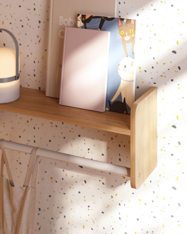 KAVE HOME Florentina vegghylle for barn, med hengestang - hvit MDF og naturlig furu (52,5x15)