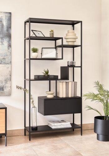KAVE HOME Shantay bokhylle, med skuff - svart stl (H:168cm x80cm x 31cm)