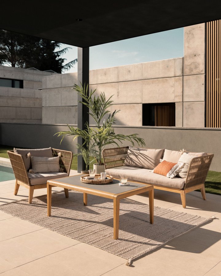 KAVE HOME Bellano 3-seters sofa - naturlig polyester/eukalyptus tre og beige stoff