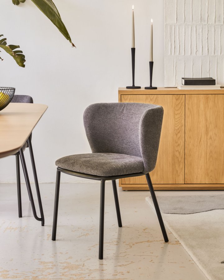 KAVE HOME Ciselia spisestuestol - mrkegr chenillestoff og sort stl