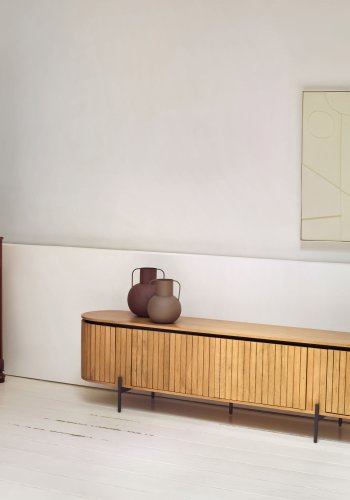 KAVE HOME Licia TV-bord, m. 4 drer og 1 hylle - naturlig mangotre og jern (200x43,5)