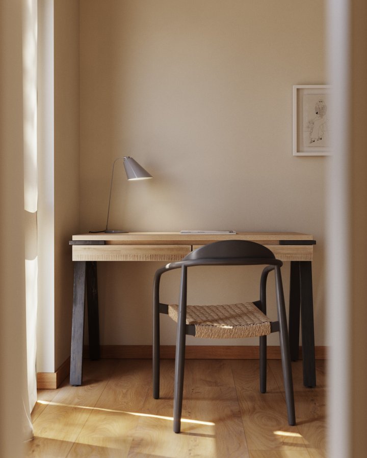 KAVE HOME Glynis spisebordstol, med armlener - solid matt svart eukalyptustre og naturlig flettet tau