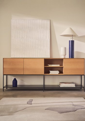 KAVE HOME Vedrana skjenk, m. 3 drer og 5 hyller - naturlig eikefiner og sort stl 