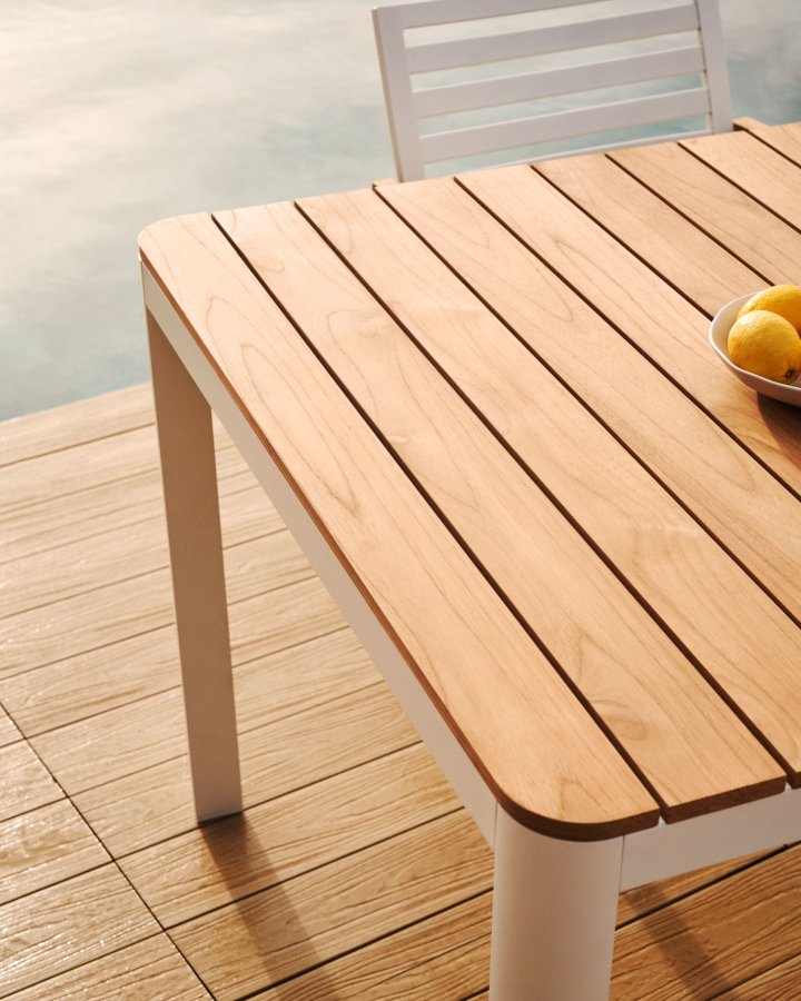 KAVE HOME Bona hagebord, rektangulrt - naturlig teak og hvit aluminium (200x100)