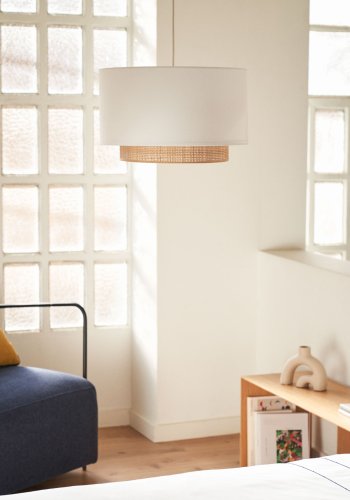 KAVE HOME Erna taklampeskjerm, rund - hvitt stoff og bambus (40)