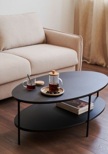 KAVE HOME Fideia salongbord, m. 1 hylle, oval - matt sort glass og metall (110x65)