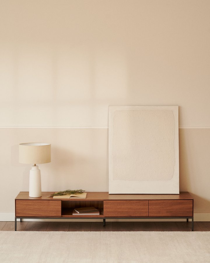 KAVE HOME Vedrana TV-bord, m. 3 skuffer og 1 rom - brun valnttfiner og svart stl (195x40)