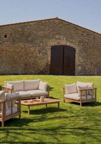 KAVE HOME Sacova hagesett, m. 2 lenestoler, 2-personers sofa, salongbord - eukalyptustre (sett med 4)