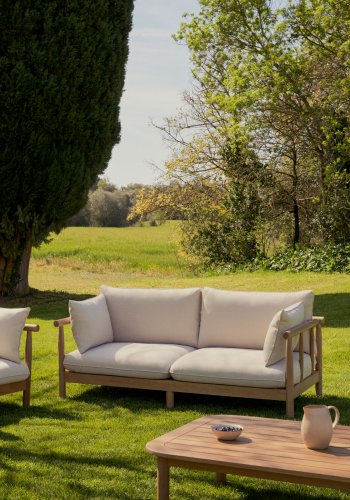 KAVE HOME Sacova hagesett, m. 2 lenestoler, 2-personers sofa, salongbord - eukalyptustre (sett med 4)