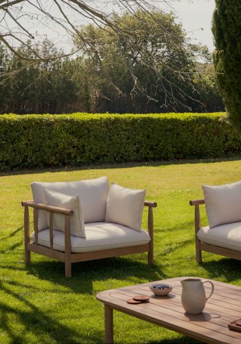 KAVE HOME Sacova hagesett, m. 2 lenestoler, 2-personers sofa, salongbord - eukalyptustre (sett med 4)